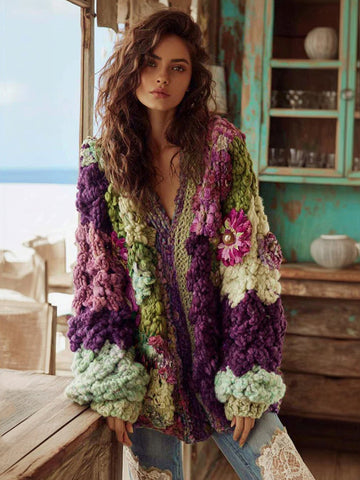 Suéter bohemio de punto grueso para mujer con cuello en V, estampado floral de ganchillo en contraste 