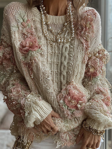 Suéter de punto rosa para mujer, cálido, de manga larga y cuello redondo 