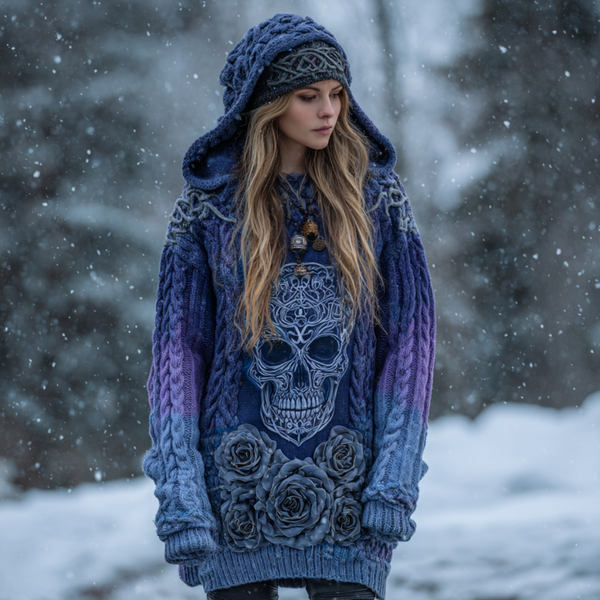 Suéter con capucha de punto grueso para mujer, estilo vikingo tribal jacquard celta con rosas y calaveras 
