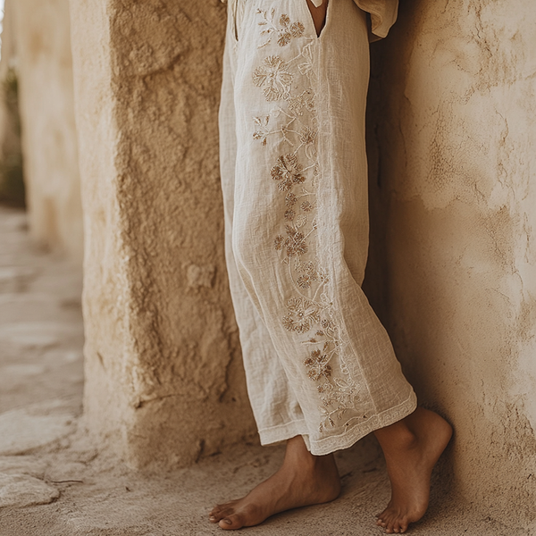 Pantalones casuales de algodón y lino con bordado floral para mujer 