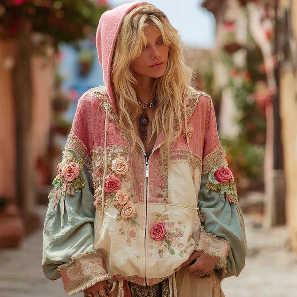 Sudadera con capucha y cremallera estilo boho informal con bloques de color y bordado floral para mujer 