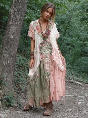 Vestido vintage de lino con patchwork del árbol de la vida para mujer 