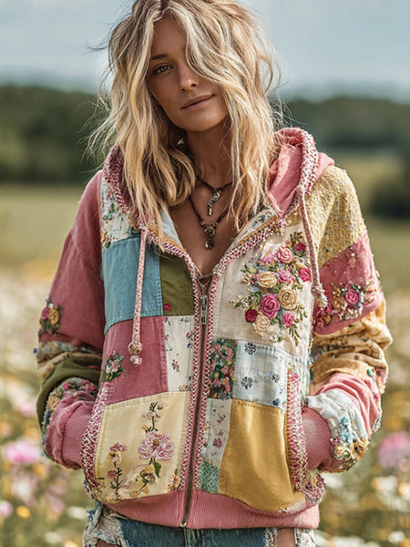 Women's Vintage Rose Floral Patchwork Cozy Warm Zipper Hoodie