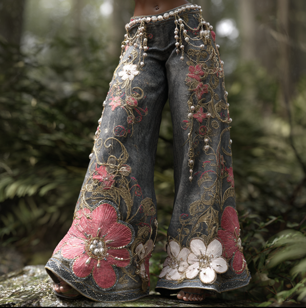 Pantalones vaqueros largos de mujer estilo bohemio con bordado de flores y plantas, corte holgado, pierna ancha y rectos. 