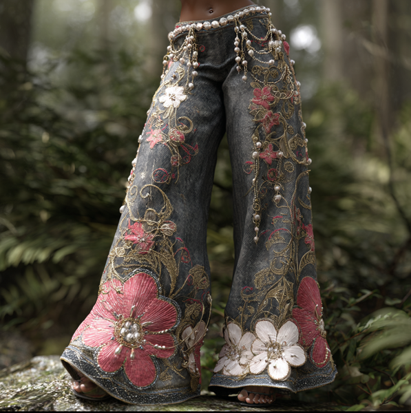 Pantalones vaqueros largos de mujer estilo bohemio con bordado de flores y plantas, corte holgado, pierna ancha y rectos. 