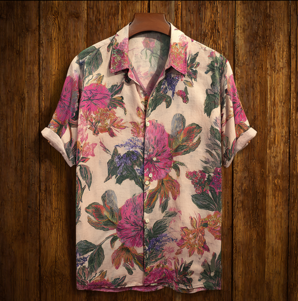 Camisa retro de algodón y lino para hombre Utbros con estampado de plantas y flores de estilo bohemio 