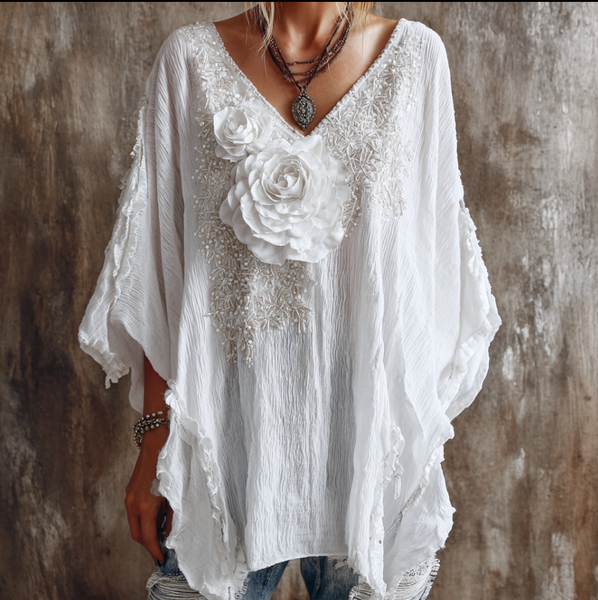 Top de mujer con cuello en V y estampado retro de rosas blancas con destellos 