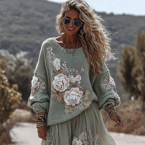 Classic Rose Art Cozy Knit Round Neck Sweater And Linen Skirt Two-piece Set