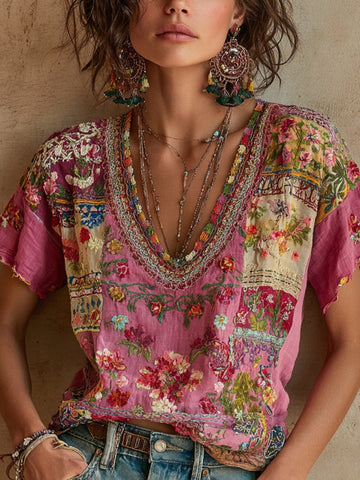 Camiseta de lino con cuello en V y bordado floral bohemio para mujer 