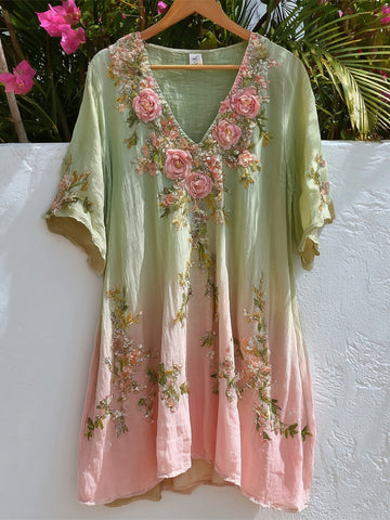 Vestido mini holgado de mujer con escote en V, estilo boho vintage, bordado floral degradado 