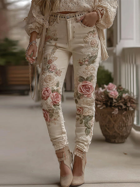 Women's Vintage Rose Floral Embroidery Art Casual Jeans