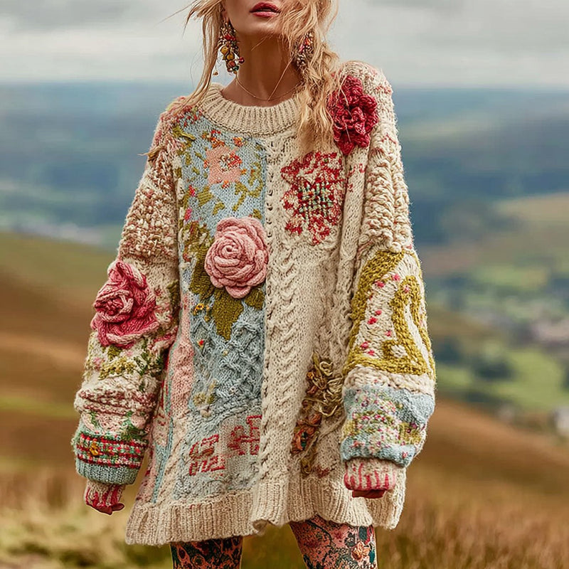 Women's Vintage Rose Floral Chunky Knit Warm Crew Neck Sweater
