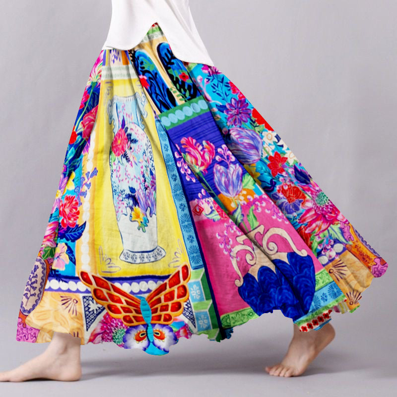 Falda bohemia floral de algodón y lino para mujer 