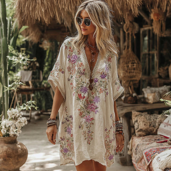 Robe midi confortable à manches courtes et col en V ornée de broderies florales pour femme 