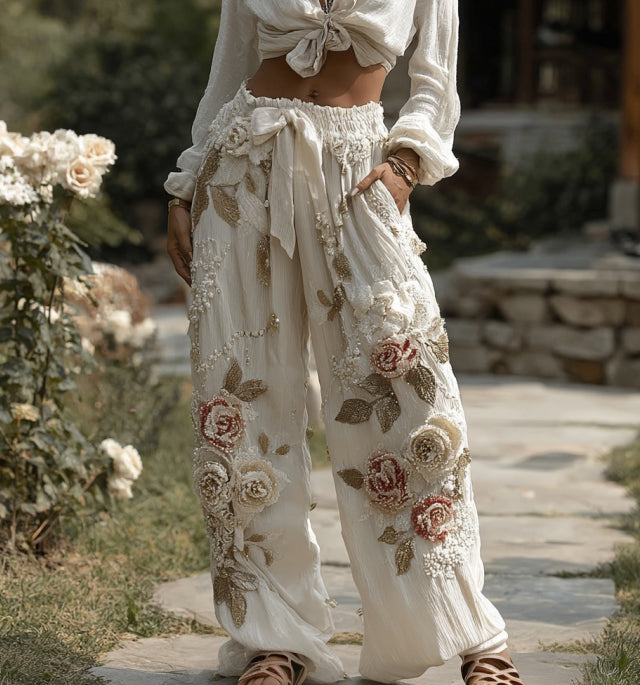 Pantalones de lino casuales para mujer con bordado floral retro 