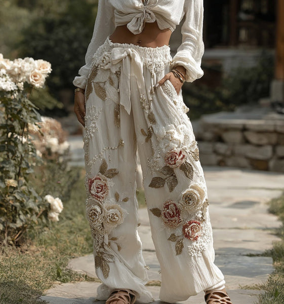 Pantalones de lino casuales para mujer con bordado floral retro 