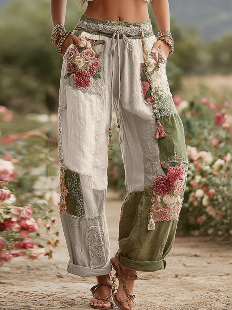 Pantalones de lino con diseño patchwork floral y de rosas retro de la colección Love &amp; Health 