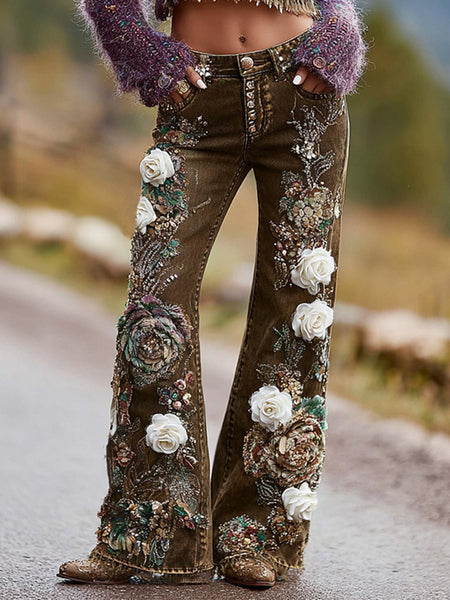 Pantalones vaqueros rectos acampanados con bordado floral bohemio para mujer 