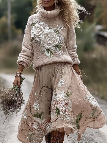 Vintage Rose In Pink Art Cozy Knit Turtleneck Sweater And Linen Skirt Two-piece Set