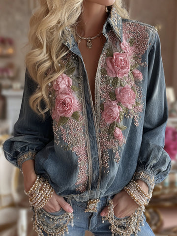 Camisa de lino con bordado floral vintage para mujer