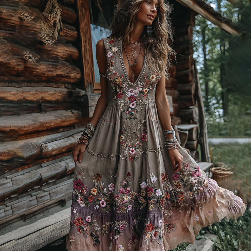 Vestido largo cómodo de mujer con cuello en V, bordado floral estilo boho y estampado floral. 