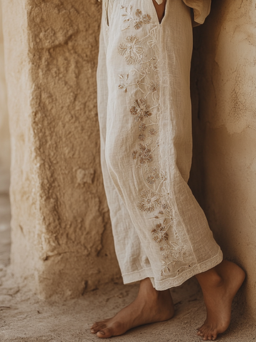 Pantalones casuales de algodón y lino con bordado floral para mujer 