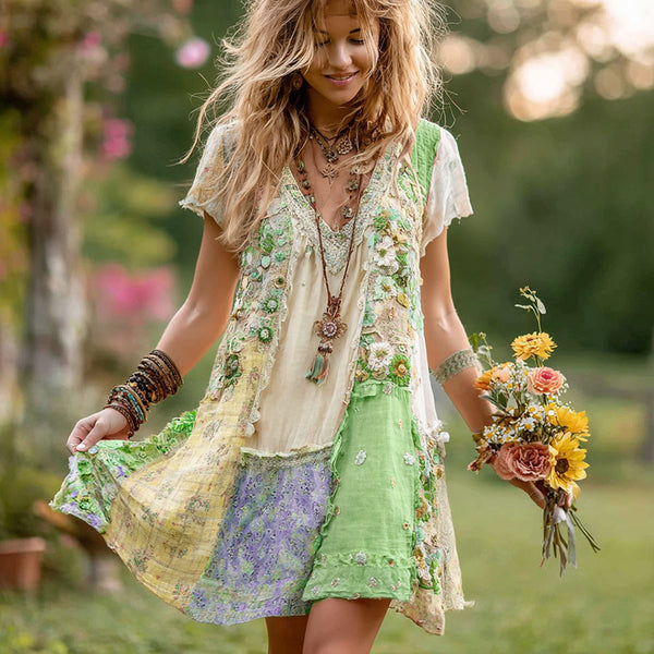 Vestido corto retro de algodón y lino con estampado floral para mujer 