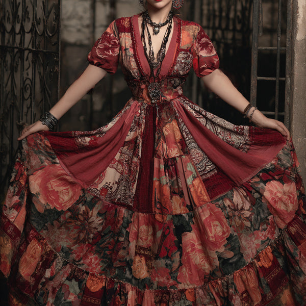 Vestido patchwork con escote en V y estampado floral de rosas de estilo bohemio 