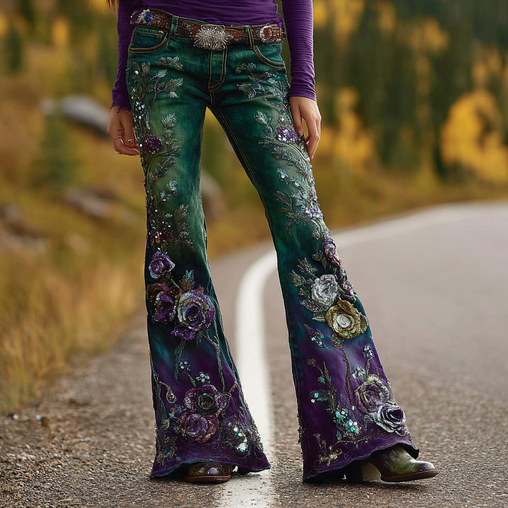 Pantalones vaqueros rectos acampanados con estampado degradado floral bordado para mujer 