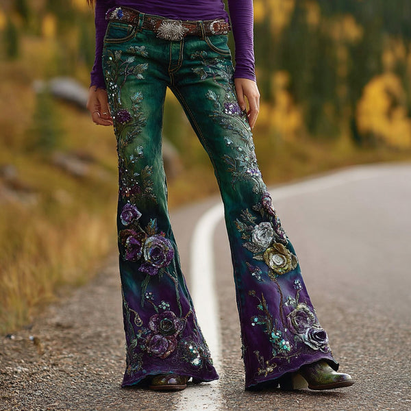 Pantalones vaqueros rectos acampanados con estampado degradado floral bordado para mujer 