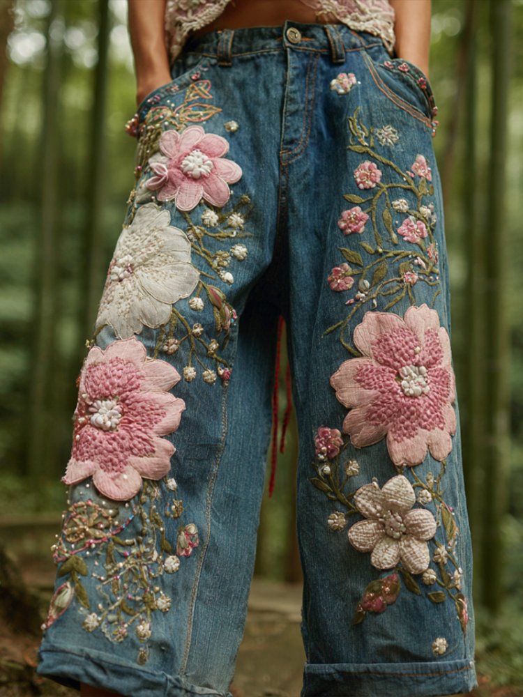 Pantalones vaqueros largos de mujer estilo bohemio con bordado de flores y plantas, corte holgado, pierna ancha y rectos. 