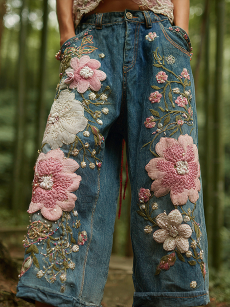 Pantalones vaqueros largos de mujer estilo bohemio con bordado de flores y plantas, corte holgado, pierna ancha y rectos. 