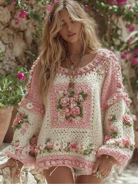 Suéter de cuello redondo de punto grueso con estampado de cuadros estilo boho para mujer 