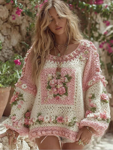 Suéter de cuello redondo de punto grueso con estampado de cuadros estilo boho para mujer 