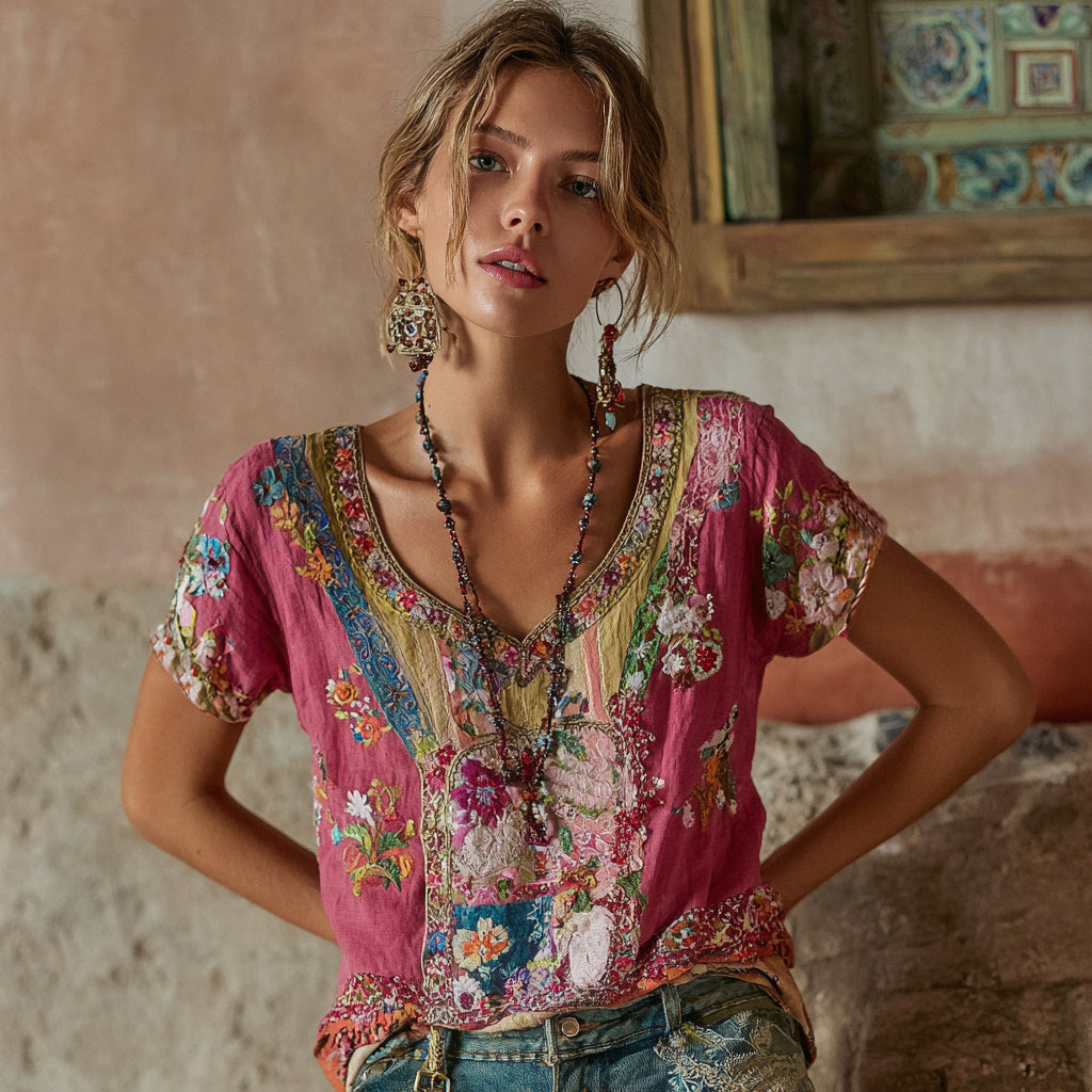 Camiseta de mujer de lino con cuello en V, manga corta y bordado floral bohemio 