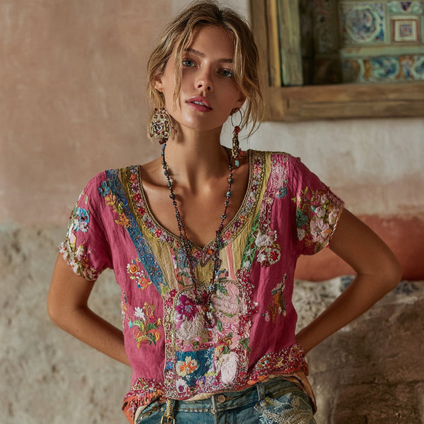 Camiseta de mujer de lino con cuello en V, manga corta y bordado floral bohemio 