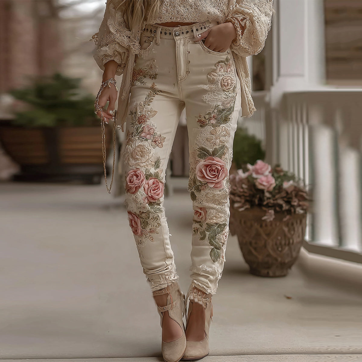 Women's Vintage Rose Floral Embroidery Art Casual Jeans