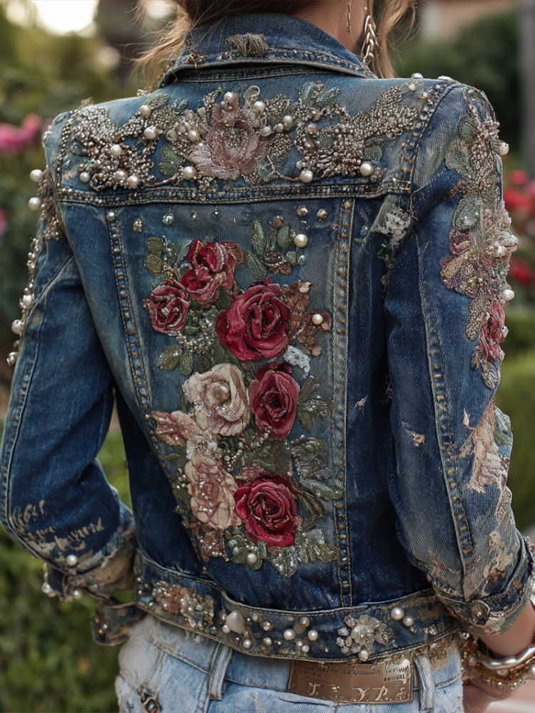 Chaqueta vaquera informal retro para mujer con bordado de rosas de estilo bohemio 