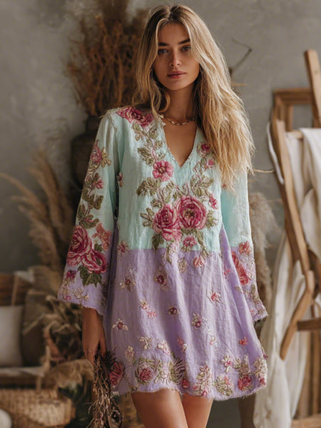 Vestido casual bohemio elegante con cuello en V y rosas rosas degradadas bordadas para mujer 