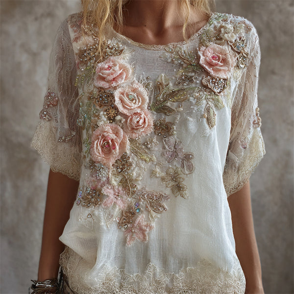 Túnica fluida de lino con encaje de fibra artística con rosas rosas estilo boho y purpurina 