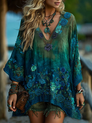 Camisa vintage elegante de manga larga con cuello en V, cuello y estampado floral y degradado de rosas azules 