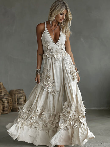 Vestido camisero informal con cuello en V y bordado de rosas vintage para mujer 