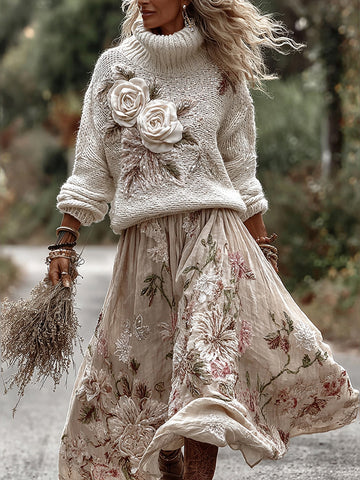 Vintage Rose Art Cozy Knit Turtleneck Sweater And Linen Skirt Two-piece Set