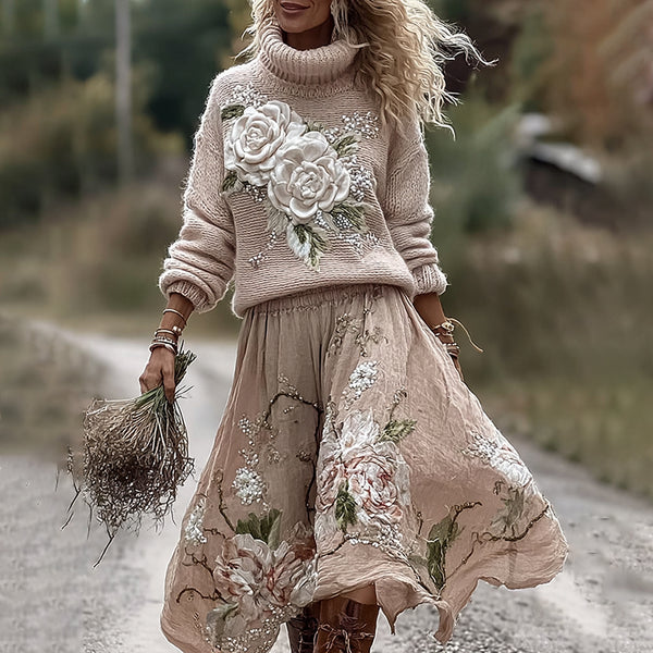 Vintage Rose In Pink Art Cozy Knit Turtleneck Sweater And Linen Skirt Two-piece Set
