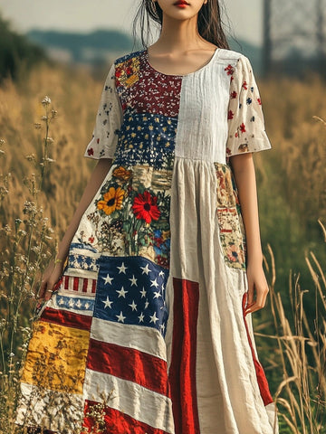 American Flag Elements Vintage Boho Floral Women's Linen Maxi Dress