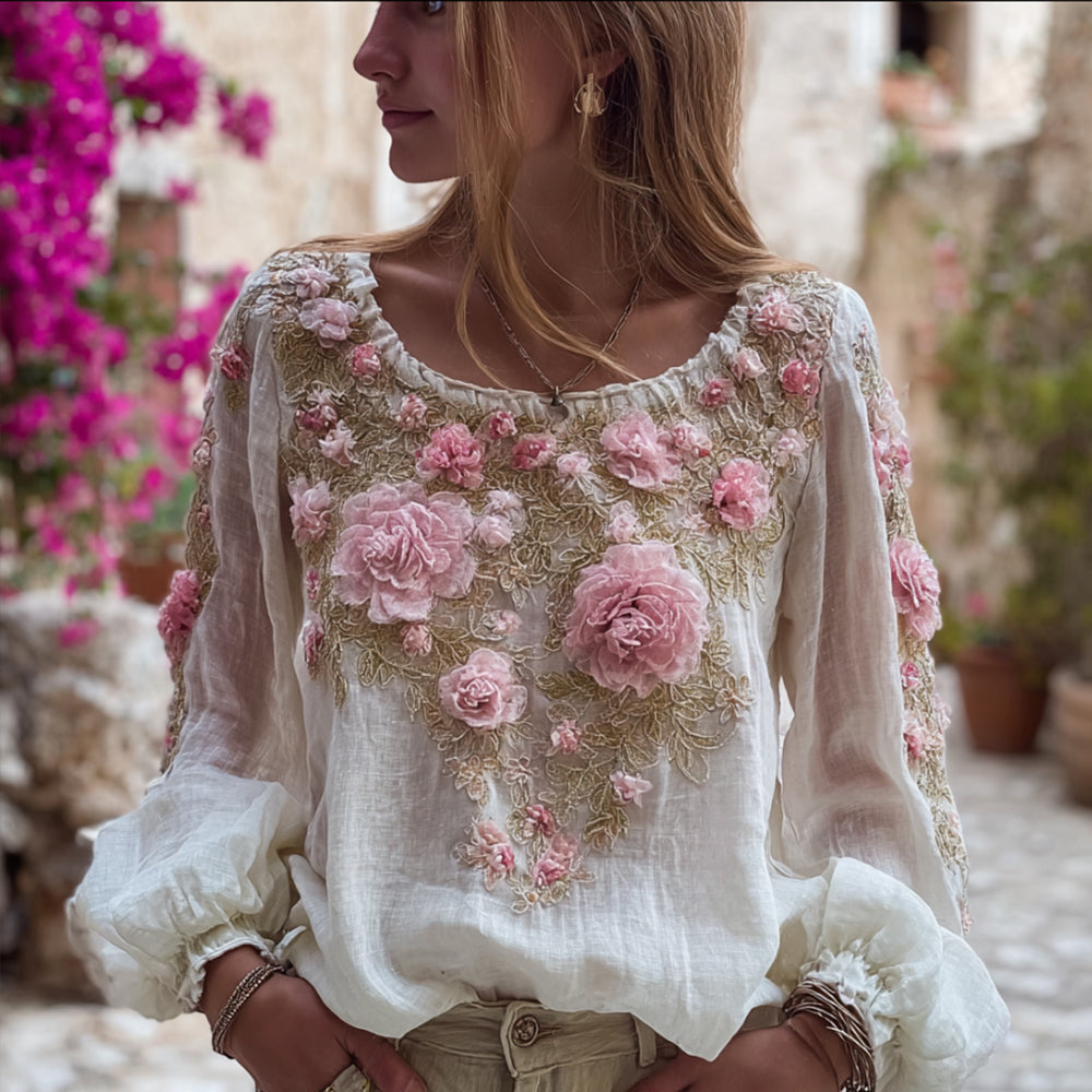 Top informal de manga larga de punto con cuello redondo y bordado floral de estilo bohemio 