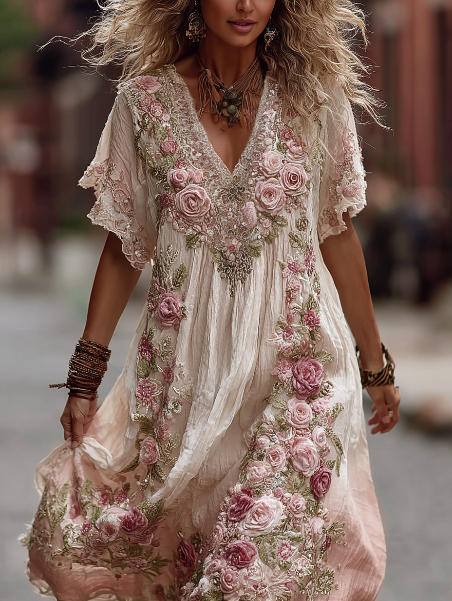 Vestido largo de lino cómodo con bordado vintage de rosas en degradado rosa para mujer 