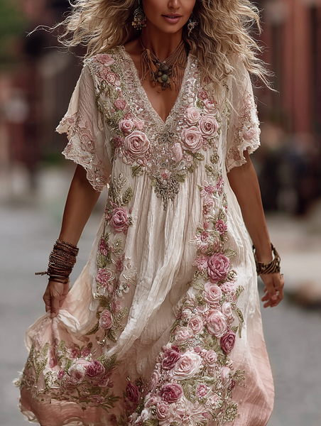 Vestido largo de lino cómodo con bordado vintage de rosas en degradado rosa para mujer 