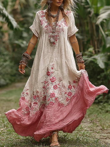 Vestido largo de cuello redondo con estampado floral bohemio vintage para mujer 