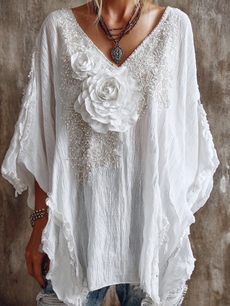 Top de mujer con cuello en V y estampado retro de rosas blancas con destellos 